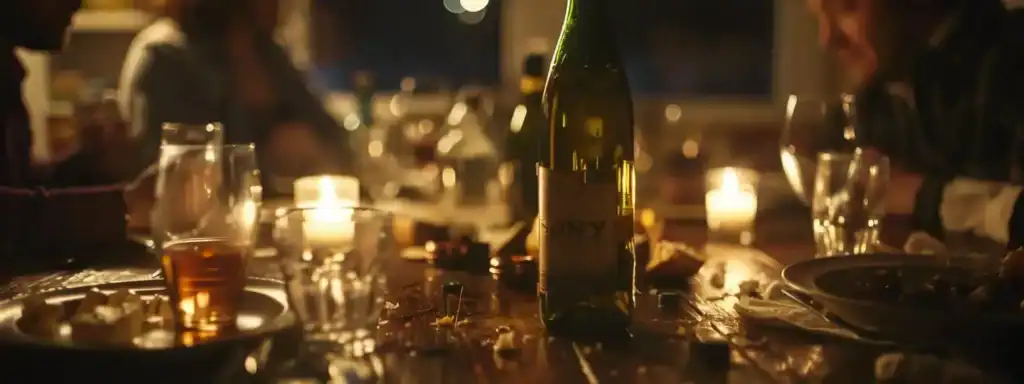a family dinner table with empty bottles scattered around, a solemn atmosphere, and a concerned look on a loved one's face.