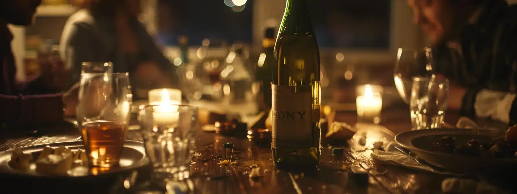 a family dinner table with empty bottles scattered around, a solemn atmosphere, and a concerned look on a loved one's face.