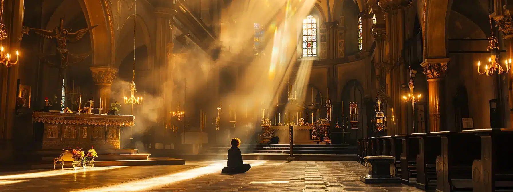 a serene church interior bathed in warm light, with a lone figure kneeling in prayer, symbolizing the solace and strength found in faith and spirituality for relapse prevention.