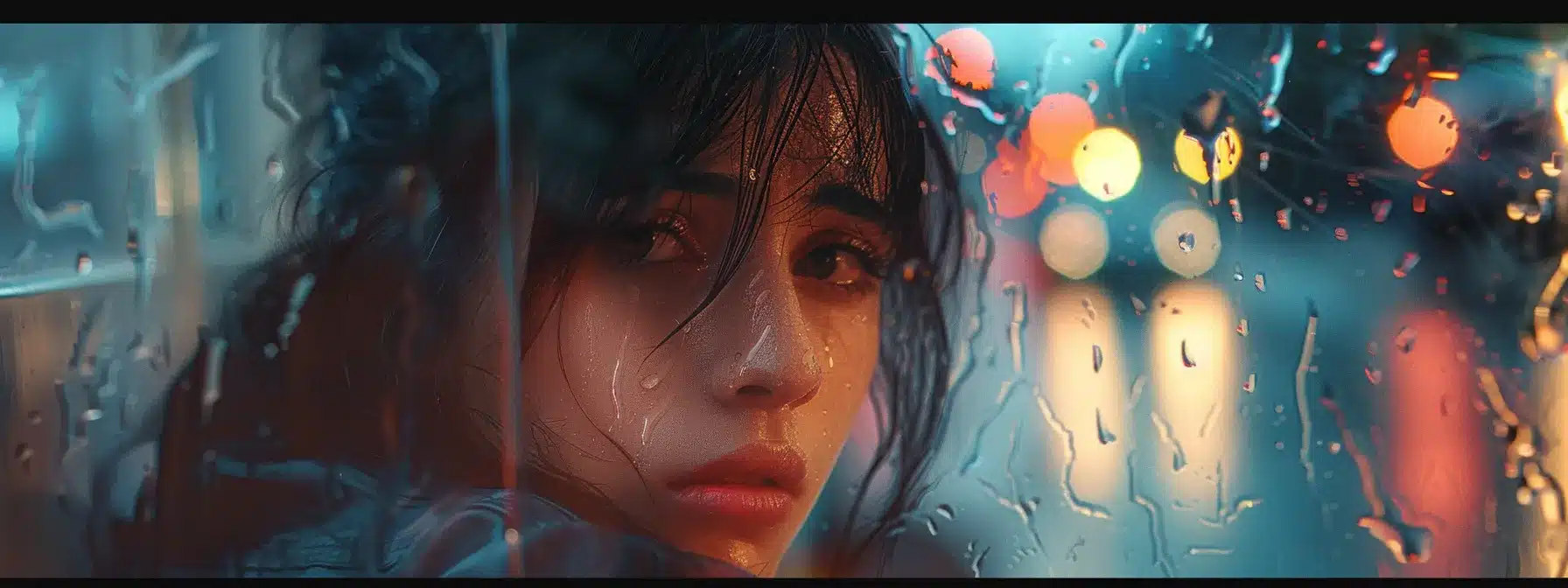 a woman sitting alone with tear-streaked mascara, staring out a rainy window as a storm rages outside.