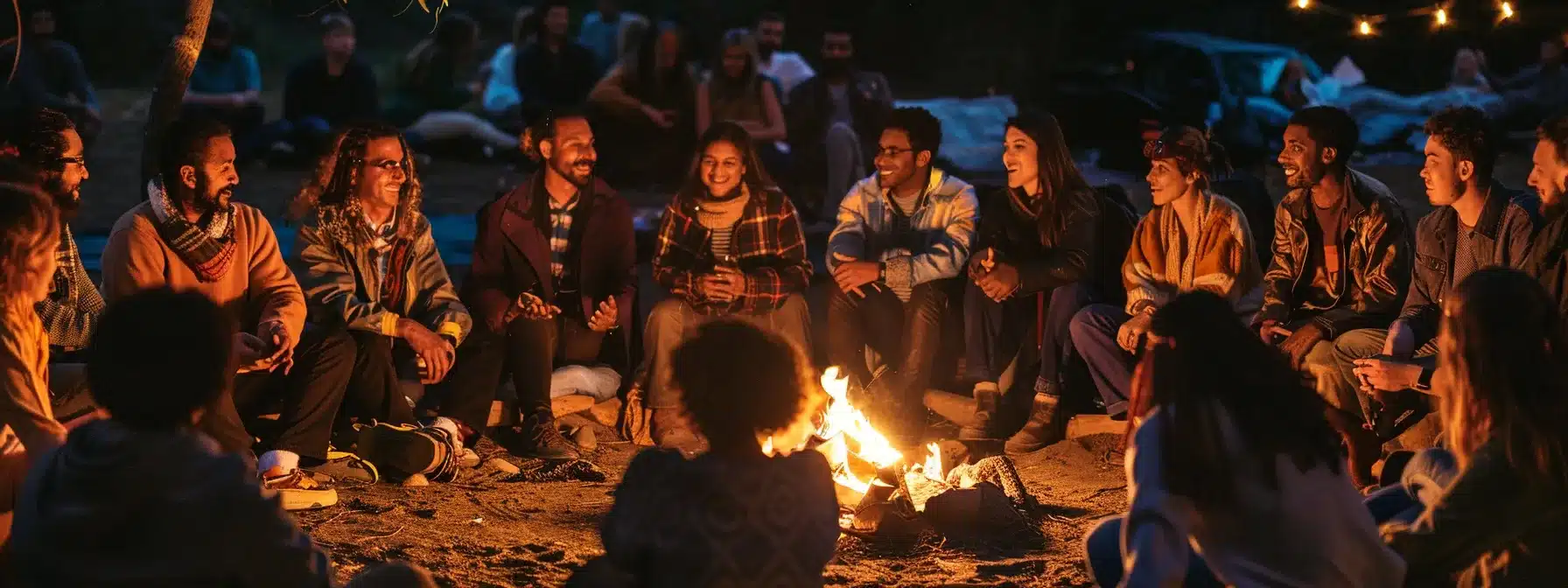 a group of diverse individuals sitting around a campfire, sharing stories and providing emotional support to each other.