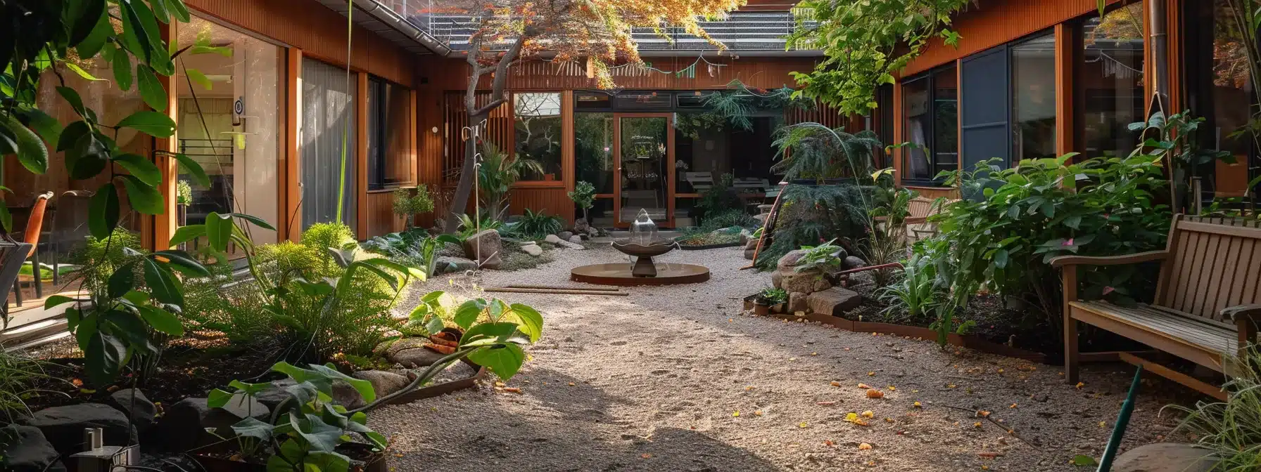 a serene and peaceful courtyard with a variety of therapy tools and equipment scattered around, illustrating the different levels of care in rehab.