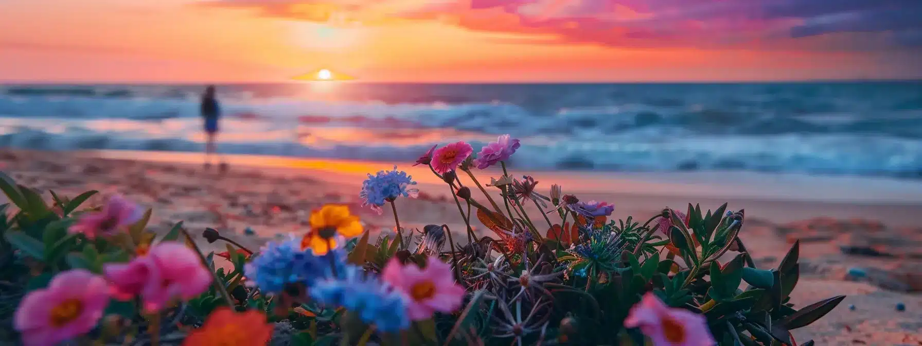 a serene sunset beach with a solitary figure walking towards the ocean holding a bouquet of vibrant wildflowers.