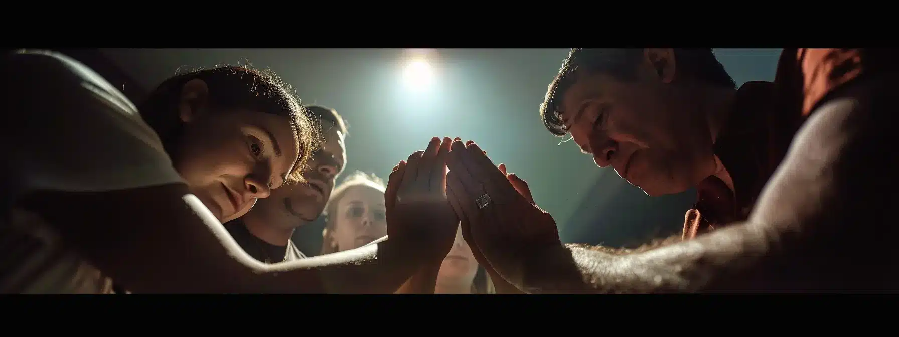 a family holding hands in a circle around a therapy counselor, showing unity and support in addiction recovery treatment.