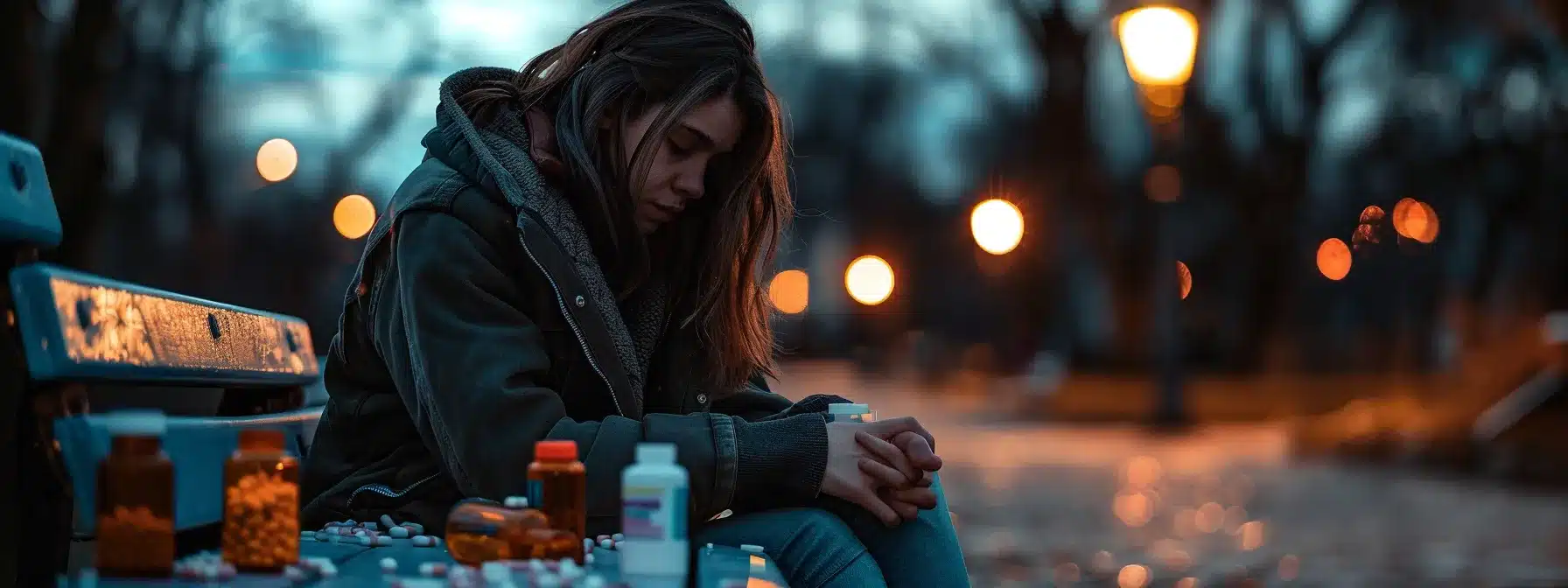 a person sitting alone on a park bench, eyes downcast, surrounded by scattered pill bottles and empty alcohol bottles.