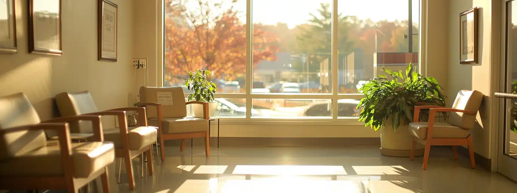 a serene, sunlit room in a modern outpatient rehab center, with comfortable chairs and serene décor, creating a peaceful and welcoming environment for recovery.