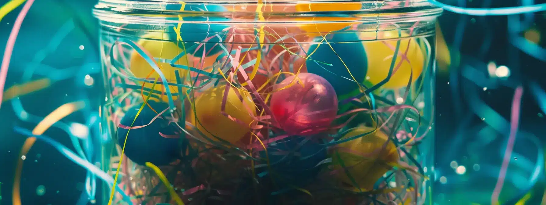 a glass jar filled with tangled, wilted strands of colorful balloons floating in murky water.