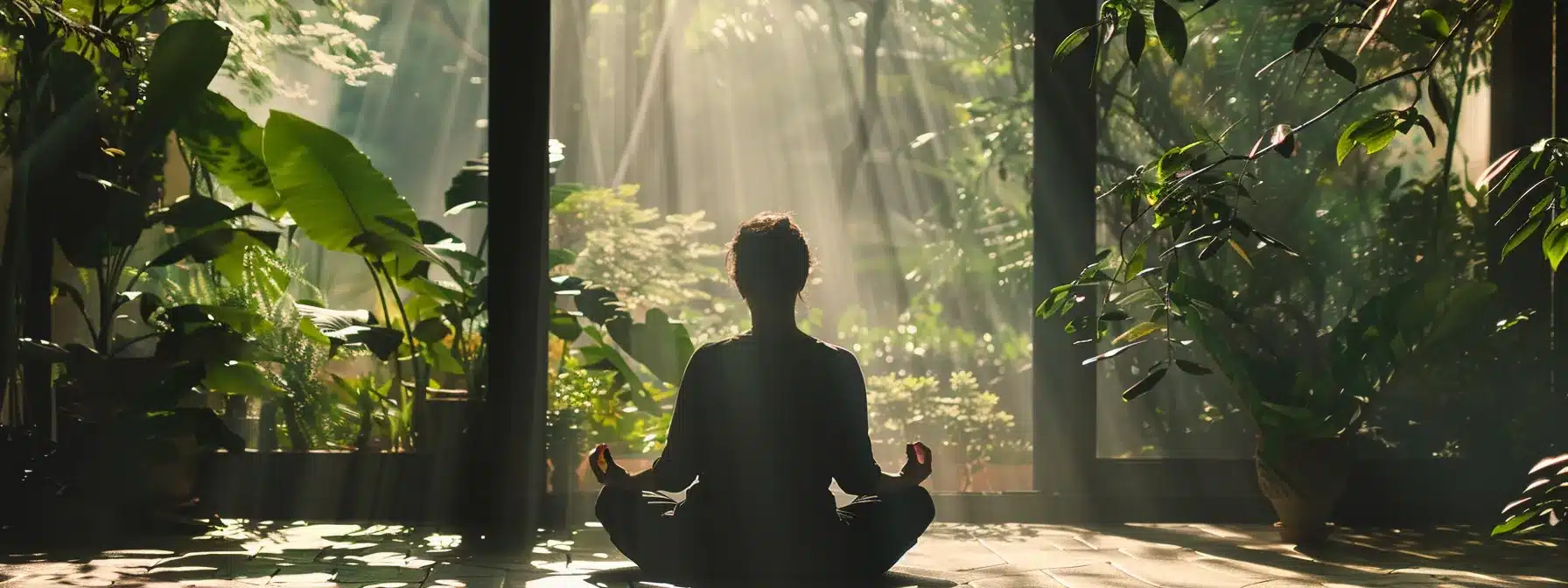 a person sitting in a peaceful, nature-filled therapy session, surrounded by calming greenery, as they discuss their journey towards addiction recovery through trauma-informed care.