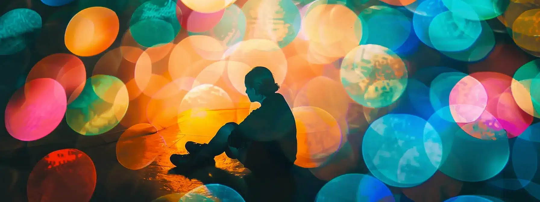 a person sitting in a circle surrounded by colorful thought bubbles, symbolizing the positive impact of cognitive behavioral therapy on addiction treatment.