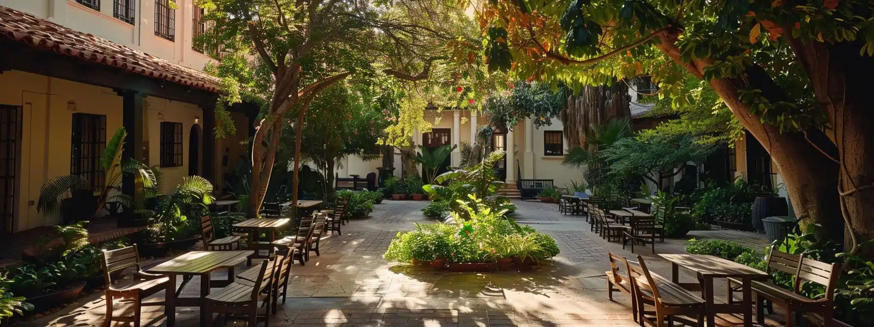 a serene, sunlit courtyard surrounded by lush greenery and peaceful seating areas, offering a tranquil setting for healing and recovery in a drug rehab program.