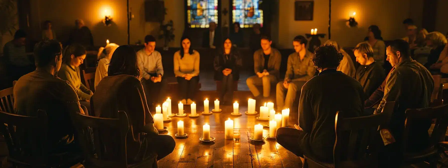 a group of individuals sitting in a circle, heads bowed in prayer, surrounded by warm candlelight in a serene chapel setting.