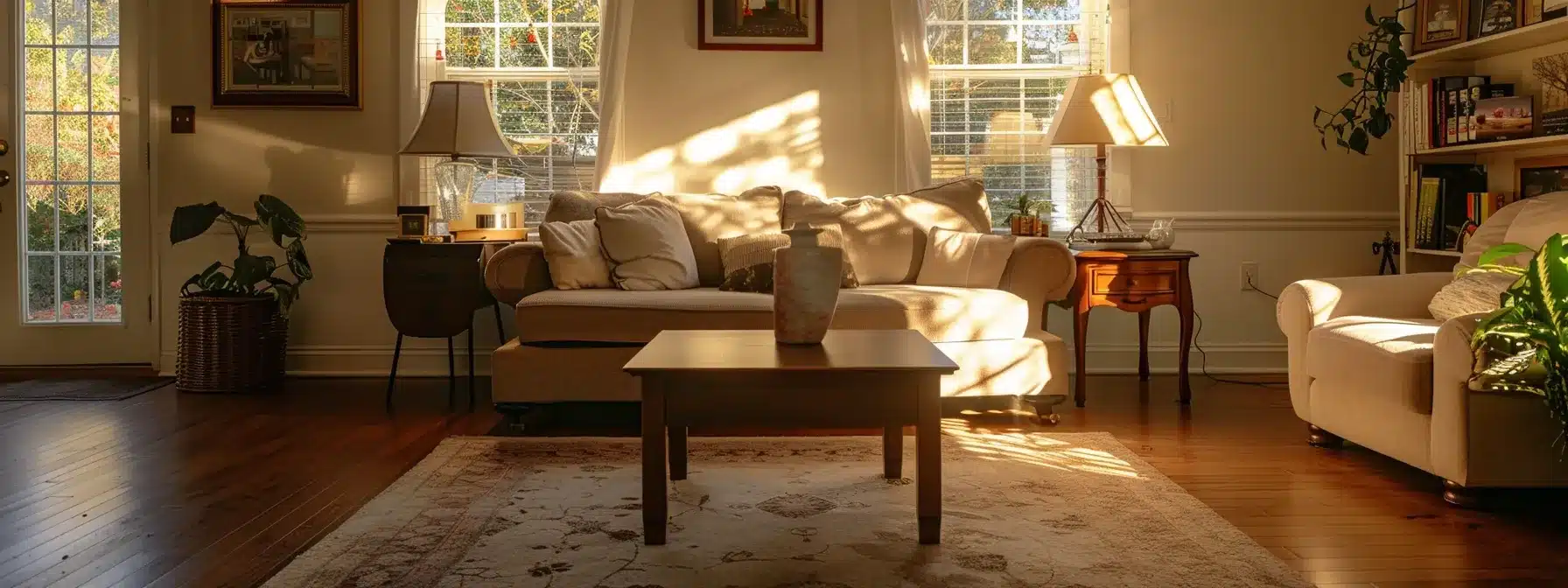 a serene, welcoming living room with comfortable furniture and soft lighting in a sober living home setting.