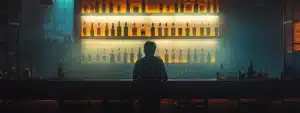 a person standing in front of a row of bottles of alcohol in a dimly lit room, tempted by the familiar triggers of addiction.