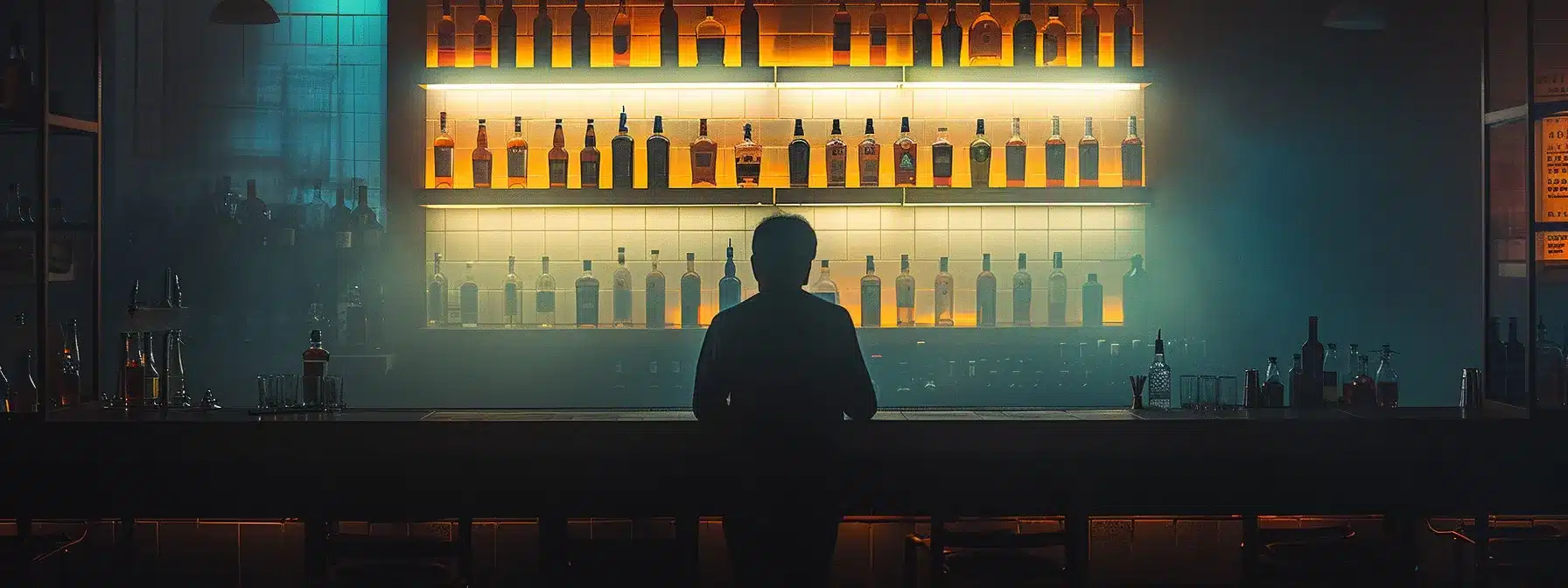 a person standing in front of a row of bottles of alcohol in a dimly lit room, tempted by the familiar triggers of addiction.