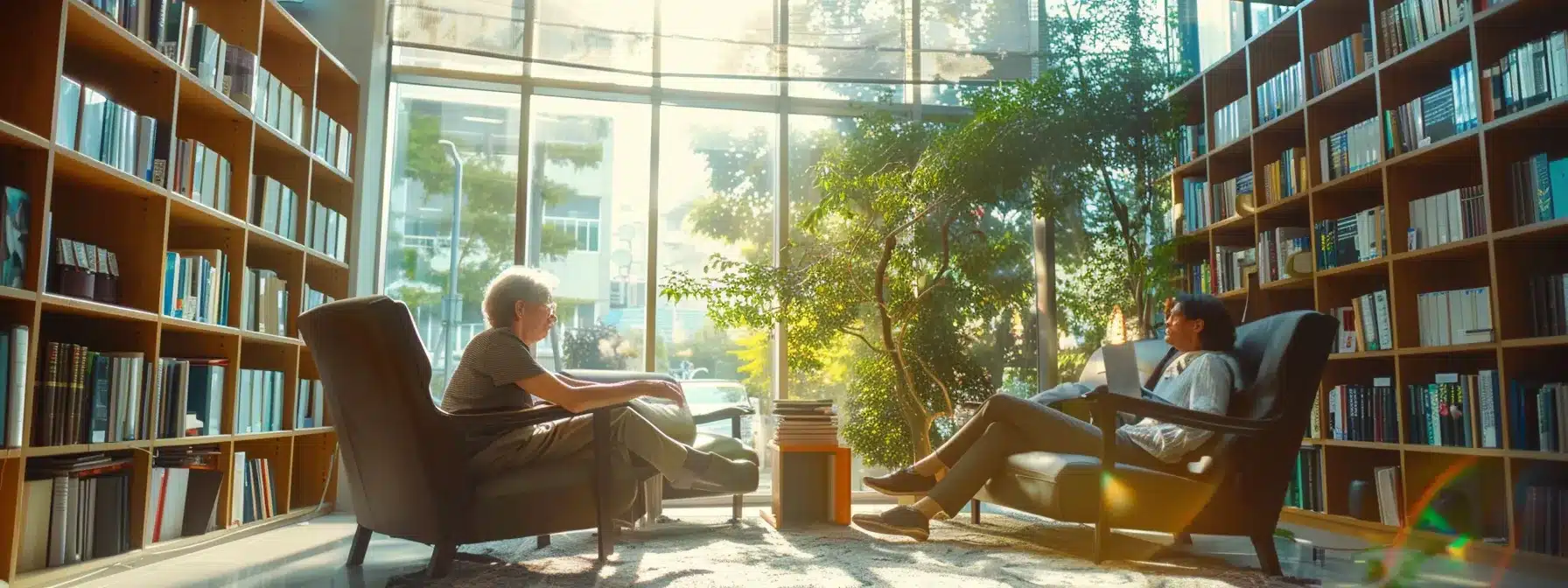 a serene, sunlit room with a therapist and client engaged in deep conversation, surrounded by bookshelves filled with research on addiction treatment methods.